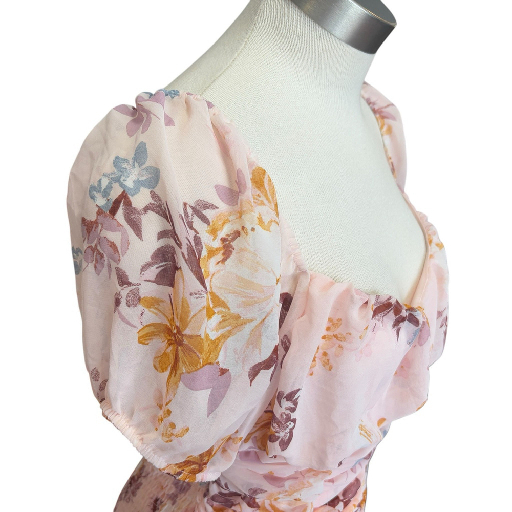 YaYa & Co Womens Fitted Shirred Floral Puff Sleeves Chiffon Romantic Sz. L - Picture 3 of 8